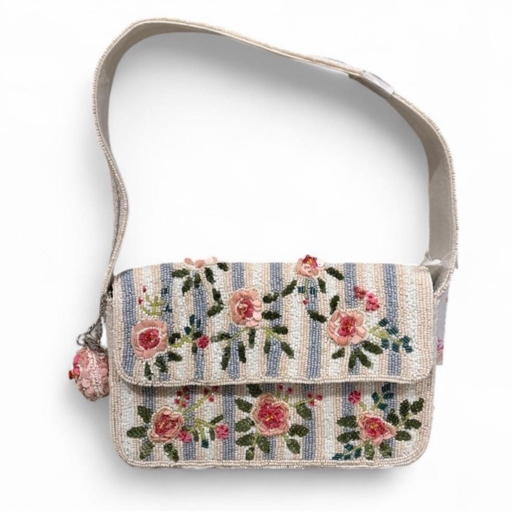 Viral Rose Flower Striped Beaded Bag NWT - Picture 2 of 8